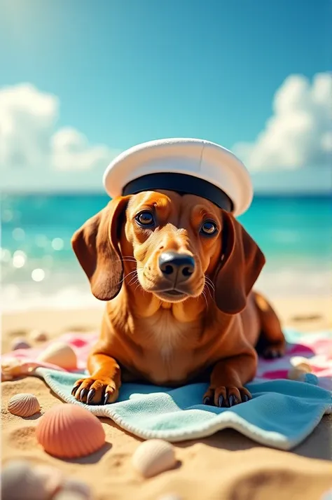 Fat Dachshund, Sun bathing, seashore, sailor hat