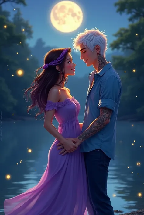 A brunette girl with purple streaks in her wavy hair, of Brown eyes, parts, blushing, Purple dress to the feet, Shes in a lake dancing with a white-haired guy with messy hair, blue eyes,The guy has a blue button-down shirt, The arms have tattoos, The guy h...