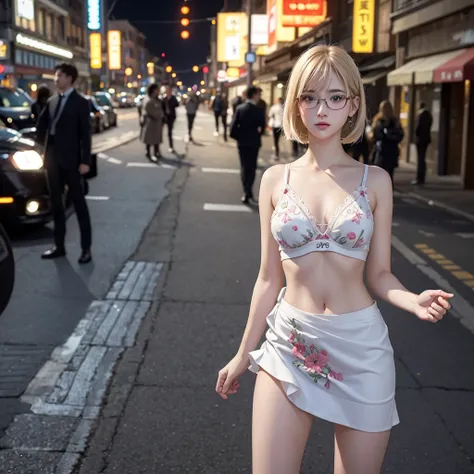 White dress,__Cinematic Light__, 18 years old女性, masterpiece, Perfect Face, Golden Hair， Blue colored eyes，very cute, (Perfect Eyes:1.1),Beautiful woman,One female, Realistic, wearing intelligent-looking glasses、Realistic characters, Neon street at night i...