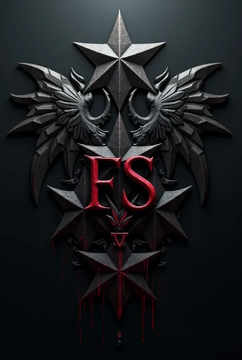 Create a dark logo with a coat of arms image featuring five black stars with the letters FS and a subtext below FiveStar with bloody, realistic futuristic lettering.