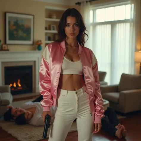 wide depth of field, wide depth of focus, f/11 lens setting, all objects in focus, living room background, full body image, pink and white short cropped soft satin bomber jacket,  woman posing with a pistol ,，almost perfect, pure form, intricate details, 8...