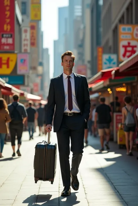 white male, 1,94 meters tall, only wearing the top part of a suit and completely naked on the bottom, walking down the avenue with a suitcase in hand.