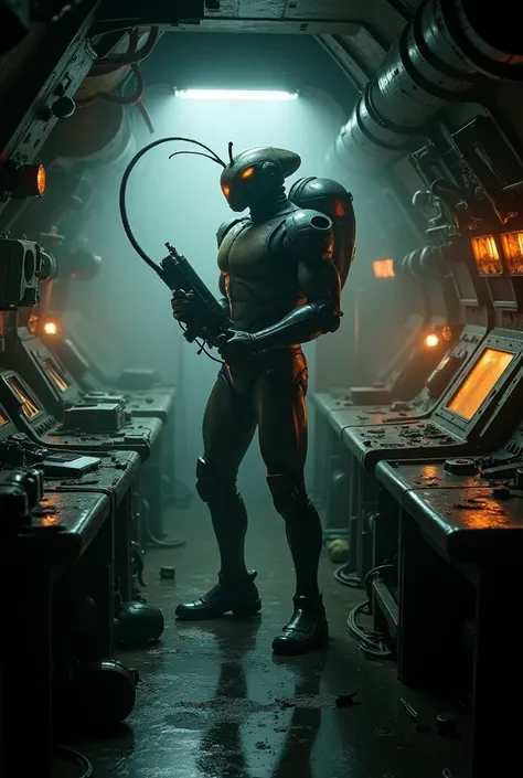 dark sci fi space ship interior nostromo, alien Prometheus movie style, slightly messy retro futurism realistic cockpit bridge hazy atmosphere with a insectoid dragonfly humanoid with a hornet head in a space suits holding over the shoulder laser cannon th...