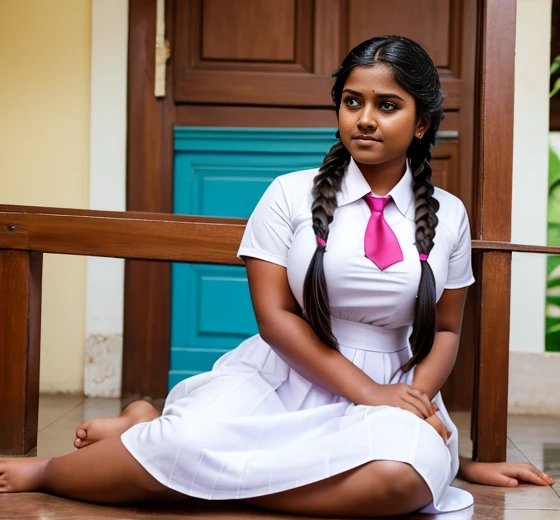 girl, couple, curvy body, large breast size,18 years old Sri Lankan school girl wearing a white frock and colorful tie, with perfectly braided hair in plaits, barefoot, hyper realistic, cinematic look, detailed body parts with correct anatomy, realistic li...