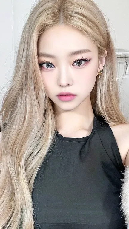 A closeup of a woman with long blonde hair wearing a black top, lalisa manobal, with long hair and piercing eyes, ulzzang, portrait of Kim Petras, portrait of jossi de blackpink, jossi de blackpink, long blonde hair and big eyes, South Korean popular makeu...