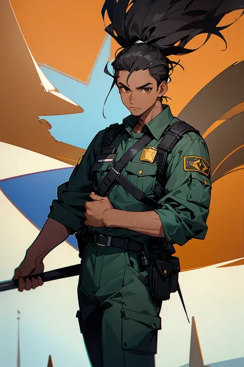 1 man, black hair, brown eyes, police outfit, african american skin color, town background, perfect quality