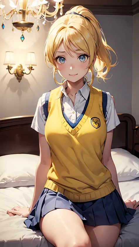 eli ayase, yellow hair, blue eyes, ponytail, hair ribbon,--otonokizaka school uniform, blue color pleated skirt, school uniform, short sleeves, skirt, summer uniform, sweater vest, (yellow sweater vest:1.5),---- (8K, Raw, Best quality, Real 1.2), Ultra hig...