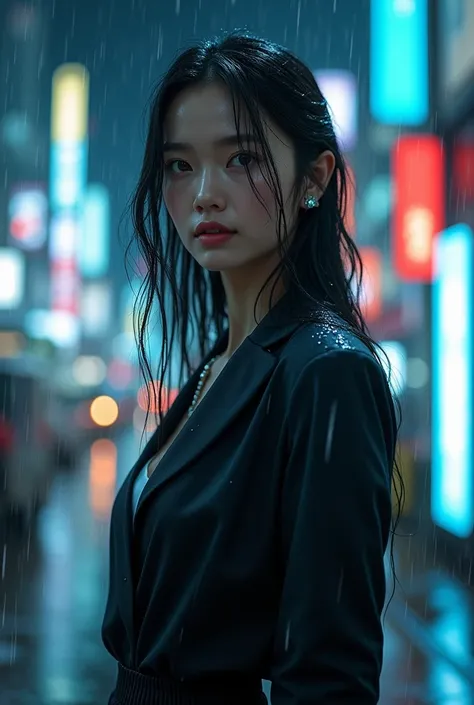 (RAW shooting, Photoreal:1.5, 8K, highest quality, masterpiece, ultra high resolution), perfect dynamic composition:1.2, Night street corner of a modern city, look up at the sky:1.3, (((Typhoon heavy rain))), Highly detailed skin and facial textures:1.2, S...