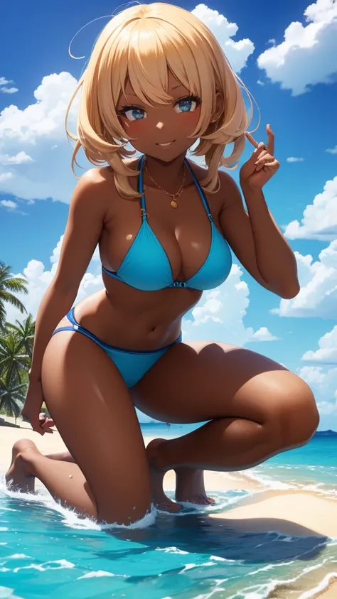 score_anime, score_9, score_8_up, score_7_up, masterpiece, best quality, BREAK Gyaruu, tan, Gyaru, 1girl, blue bikini, bikini, kneeling, arm behind head, hand on own hip, looking at viewer, facing viewer, blush, embarrassed, light smile, beach, sunlight, s...