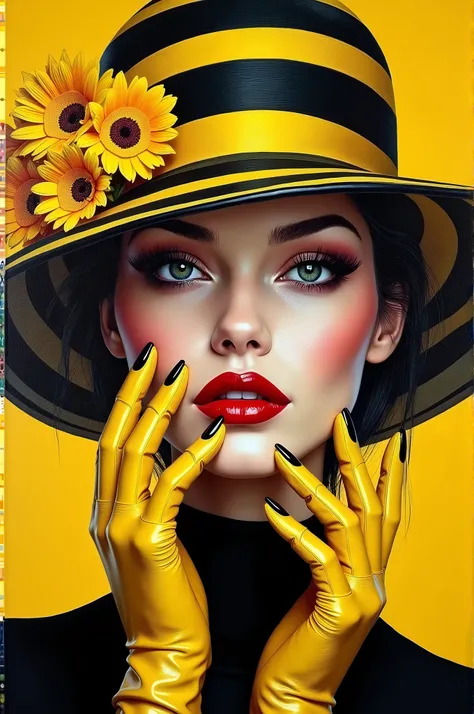 Oil painting of an enchanting, lively female face with bold, dark red lips and nails. Her eyes are partially hidden by a stylish yellow and black striped hat with delicate flowers. Her eyes peek out of the hat, exuding confidence. Yellow and black leather ...