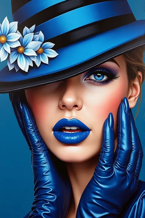 Oil painting of an enchanting, lively female face with bold, dark blue lips and nails. Her eyes are partially hidden by a stylish blue and black striped hat with delicate flowers. Her eyes peek out of the hat, exuding confidence. Blue and black leather glo...