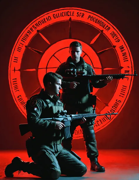 UHD, masterpiece, anatomically correct, super detail, best quality, textured skin, award winning, 4K, Dramatic, high-contrast digital artwork featuring three soldiers in tactical gear, set against a vivid red background. The layout is centered, with one so...