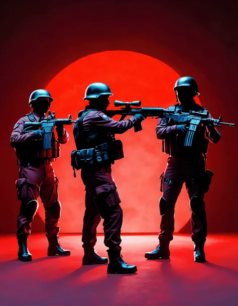 UHD, masterpiece, anatomically correct, super detail, best quality, textured skin, award winning, 4K, Dramatic, high-contrast digital artwork featuring three soldiers in tactical gear, set against a vivid red background. The layout is centered, with one so...