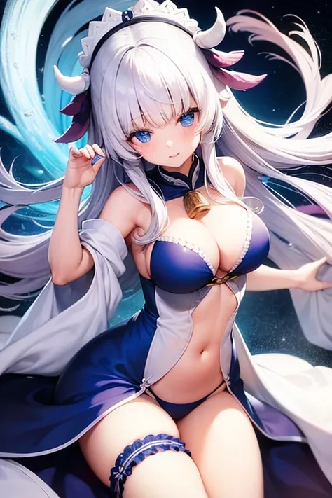 Kanna kamui, breasts, white hair, blue eyes, blue robe