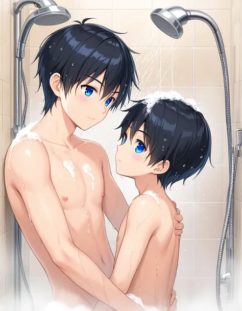 anime, kid, boy, in the shower, naked,  with his older brother, the older brother is naked, bathing together, cute face, express...