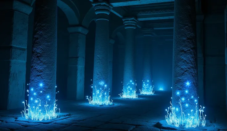 Blue fluorescent organisms stuck to a ancient pillar in a temple. Everything is dark. Only illuminated by these organisms 