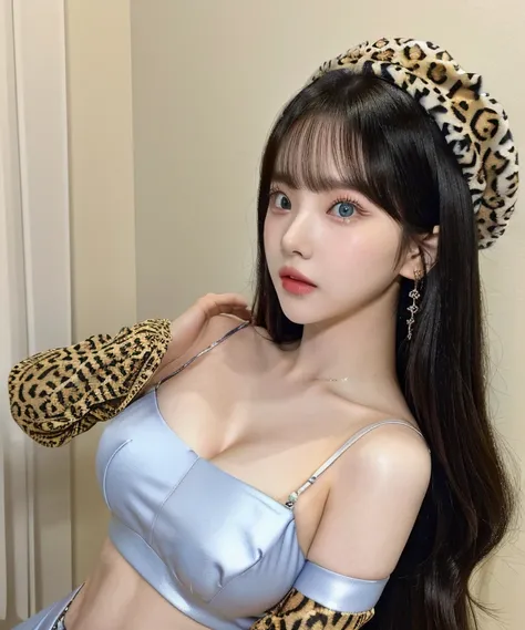 a close up of a woman wearing a leopard print hat and blue like eyes, belle delphine, dilraba dilmurat, lalisa manobal, young beautiful amouranth, with full bangs, amouranth, pokimane, ruan cute vtuber, lalisa manoban of blackpink, with bangs, anime girl i...