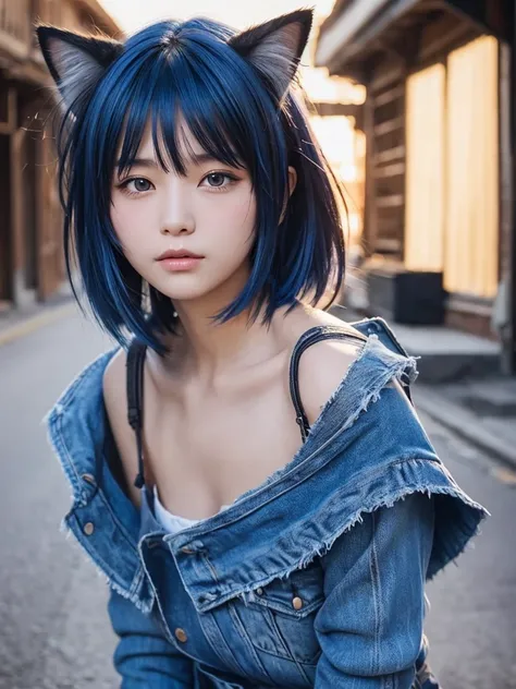 Masterpiece, best quality, ai-generated, cat ear,1 girl, Blue shaggy cut hair,cowboy shot,