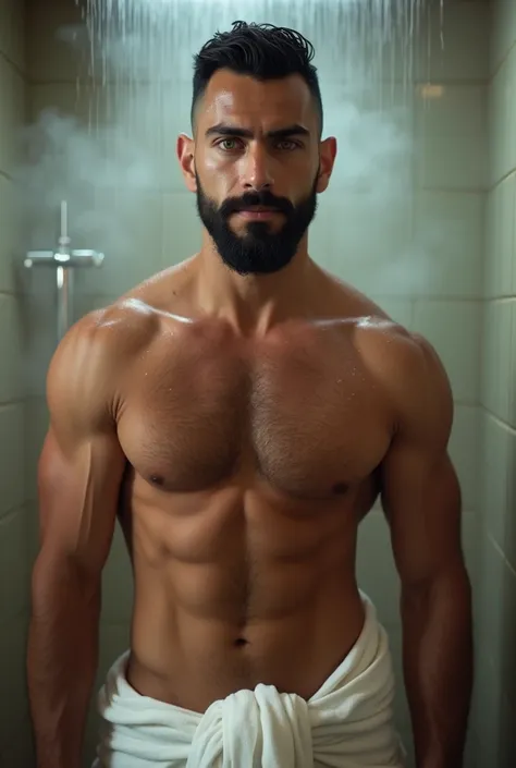 A muscular young man with veins popping out. He has a square face., of Iranian origin, and grows a big beard. Her complexion is tanned. He has short, dark shaved hair.. Ses yeux sont verts clairs et il fixe directement lobjectif de manière sexy. Il est tor...