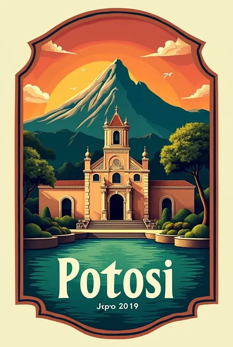 Potosi logo with the Cerro Rico, the Mint and the Laguna Verde with their names 