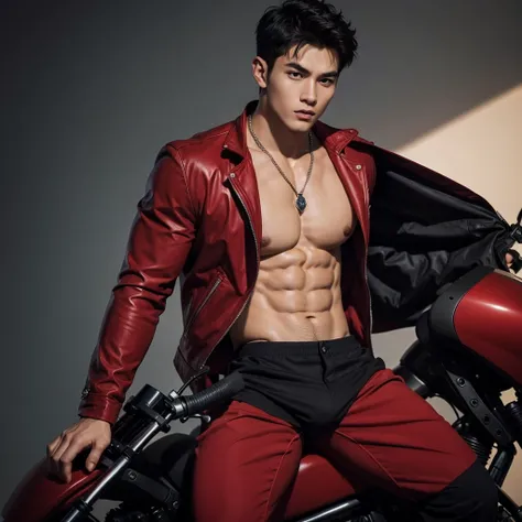 a muscular handsome man, extremely detailed face, perfect face, short hairstyle, looking at viewer romantically, ruby red jacket, black pants, shirtless, ruby necklace, sexy look, smooth skin, riding R15, view from some distance,