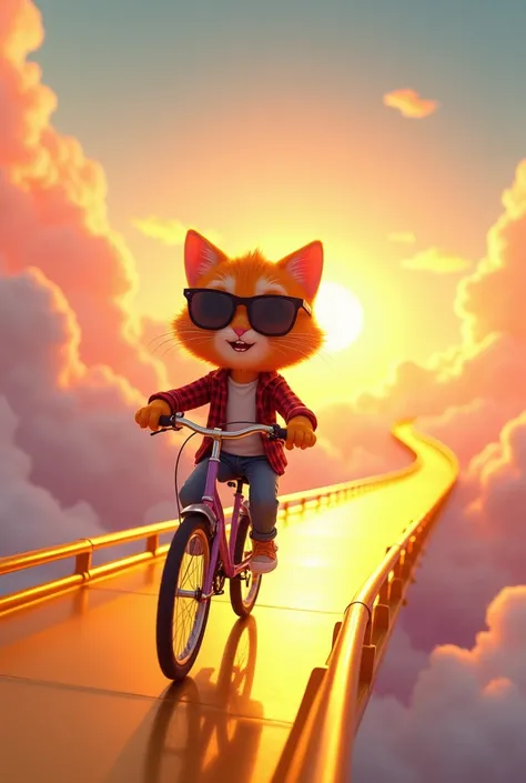 Fantasy animated illustration, Running across a bridge made of gold, cute orange cat boy wearing a flannel and jeans, dark sunglasses, smiling, riding a bicycle on a golden bridge in the sky at sunrise, Sunlight shining through the clouds, Aerial, pop colo...