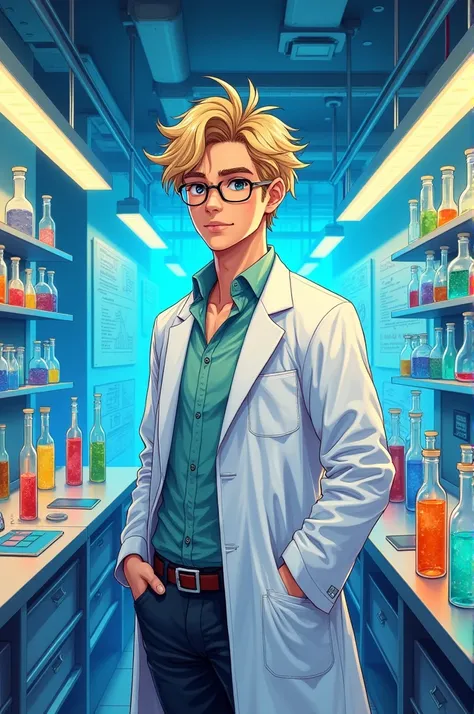 Generate a young male doctor, BLOND, rubio, with glasses in a manga-style laboratory 