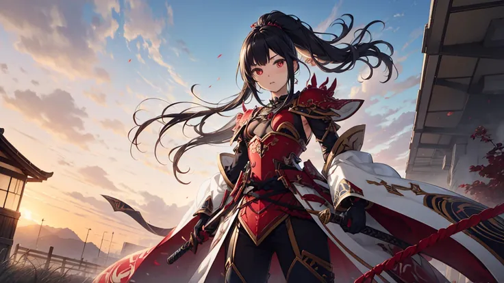 (最high quality, High resolution, Textured skin, high quality, Attention to detail, Highly detailed CG unification), (male),One person,Wearing Japanese-style armor,Japan sword swinging down,Black Hair,ponytail,Are standing,inflammation,battlefield,male