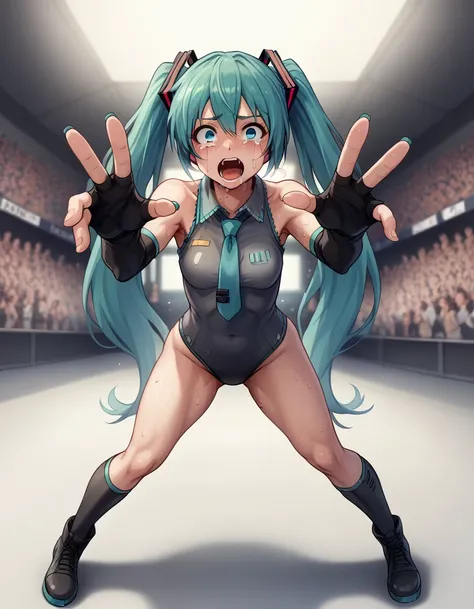 hatsune miku, a bodysuit worn under clothing, fingerless gloves, leotard, removable sleeves、photographed with a smartphone、、、esc...