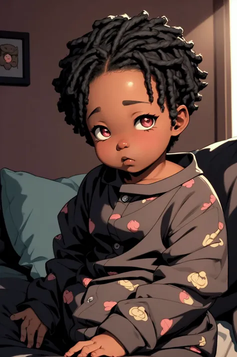 a cute black boy in pajamas, chubby cheeks, big eyes, adorable, digital art, character design, highly detailed, 4k, 8k, photorealistic, hyper detailed, cinematic lighting, soft colors, warm tones, cute expression, peaceful, relaxing, cozy atmosphere