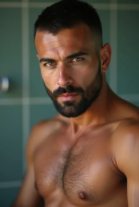 A muscular young man with veins popping out. He has a square face., of Iranian origin, and grows a big beard. Her complexion is tanned. He has short, dark shaved hair.. Ses yeux sont verts clairs et il fixe directement lobjectif de manière sexy. Il est sou...