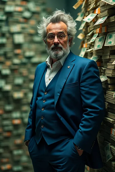 an eccentric 50-year-old, muscular man with wild gray hair, gray goatee size 10 and glasses in a blue suit looking at the camera, positioned on the right side of the scene, arms crossed in front of a large pile of money. hyper-realistic and vivid colors