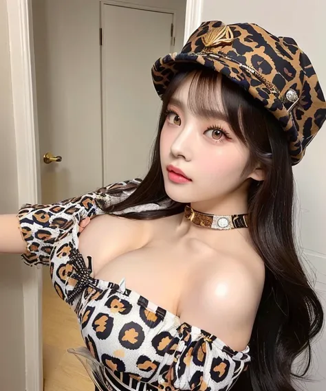 a close up of a woman wearing a leopard print hat and golden eyes, belle delphine, dilraba dilmurat, lalisa manobal, young beautiful amouranth, with full bangs, amouranth, pokimane, ruan cute vtuber, lalisa manoban of blackpink, with bangs, anime girl in r...