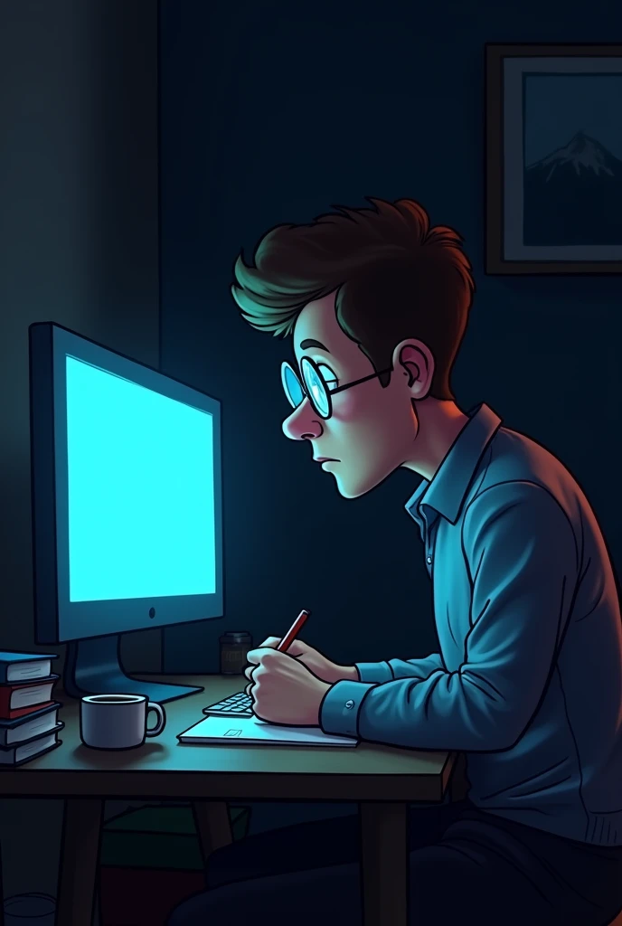 Man studying on a computer in a simple, dark room , cartoon