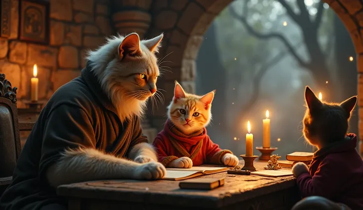 give me a cat daddy playing with his 2 children at a mystical temple table from the 1800s with old books nearby with his eyes slightly glowing 3 candles on the table in the distance