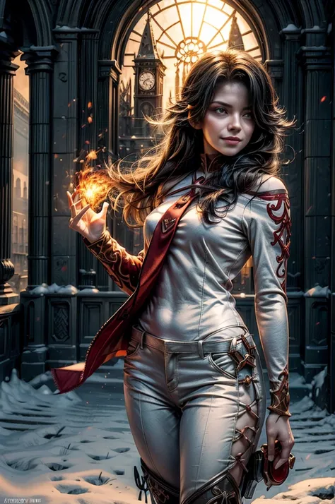 (masterpiece, best quality:1.2), cowboy shot, solo, 1girl, cinder fall, evil smile,holding flames, looking at viewer, long hair, white suit, red shirt, tie, standing outside huge gothic building, snow, trees, (volumetric lighting), sharp focus, hyper detai...