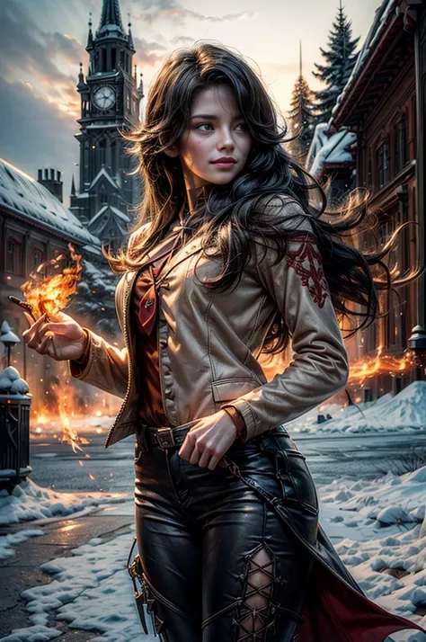 (masterpiece, best quality:1.2), cowboy shot, solo, 1girl, cinder fall, evil smile,holding flames, looking at viewer, long hair, white suit, red shirt, tie, standing outside huge gothic building, snow, trees, (volumetric lighting), sharp focus, hyper detai...