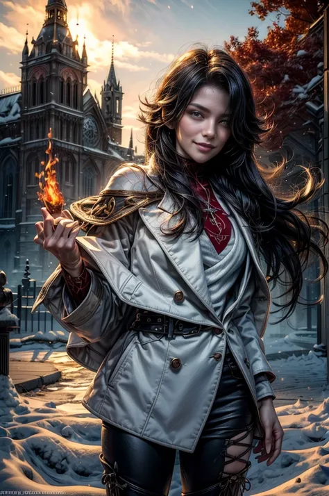 (masterpiece, best quality:1.2), cowboy shot, solo, 1girl, cinder fall, evil smile,holding flames, looking at viewer, long hair, white suit, red shirt, tie, standing outside huge gothic building, snow, trees, (volumetric lighting), sharp focus, hyper detai...