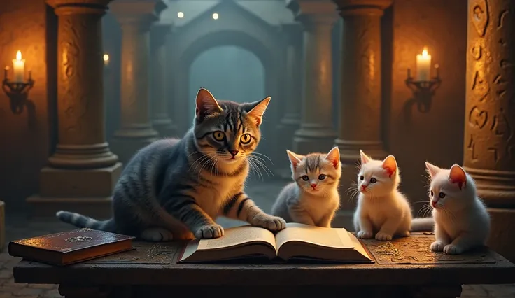 give me a cat daddy playing with his 3 children at a mystical temple table from the 1800s with old books nearby with his eyes slightly glowing 3 candles on the table in the distance