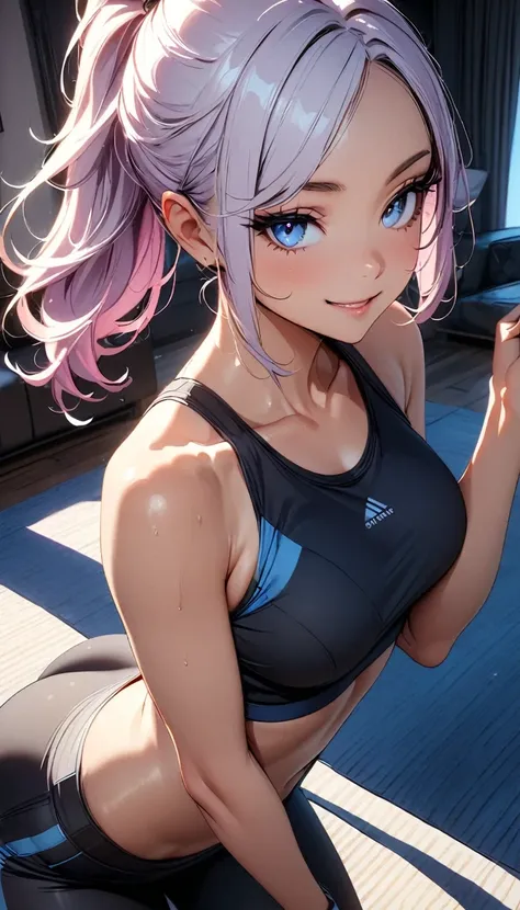 Sexy fitness instructor, 1 Female, Athletic Wear:1.2, Clean clothes, (light purple messyponytail, Light blue eyes), smile:1.3, Beautiful eye color, Pose looking from above, View from below, Yoga Mat, Training Equipment, Sexy pose, Cinematic lighting, drama...