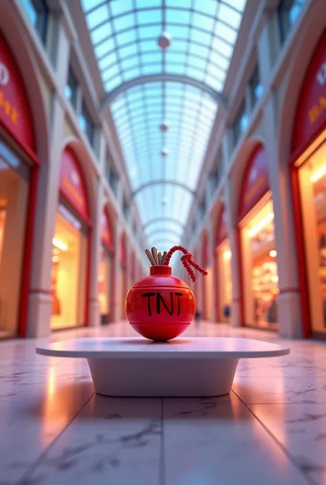 "An animated scene of a modern shopping gallery, inspired by Galeries Lafayette, with elegant architecture, glass ceilings, and marble floors. The space is empty, and in the center, on a table, sits a red TNT bomb made of bundled sticks, like in cartoons o...