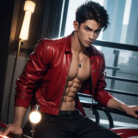 a muscular handsome man, extremely detailed face, perfect face, short hairstyle, looking at viewer romantically, ruby red jacket, black pants, shirtless, ruby necklace, sexy look, smooth skin, riding R15, view from some distance, best quality, 4k, 8k, high...