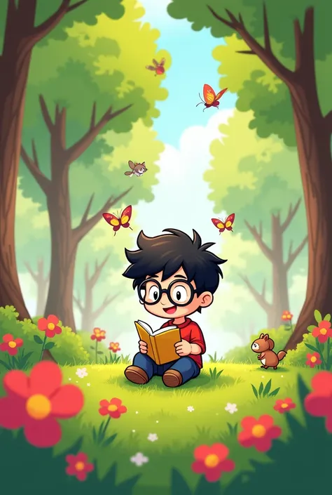 A chibi cartoon of a boy reading a tablet in a park