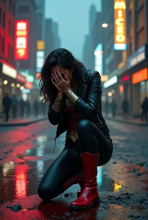 Wonder Woman in a black leather jacket, red leather corset, and black leather pants, kneeling with her hands on her face, screaming in exhaustion after a battle. Blood surrounds her, reflecting her in the puddles of blood in a rain-soaked, apocalyptic city...