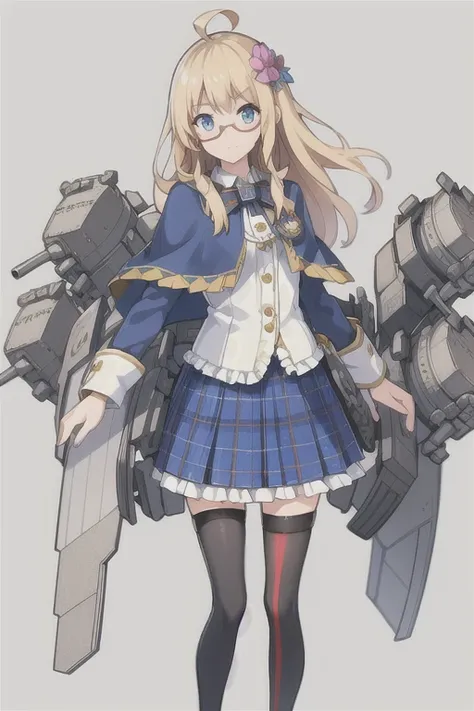 Hood (warship girls r),((masterpiece)),(((best quality))),((ultra-detailed)),((illustration)),((disheveled hair)),((frills)),(1 girl),(solo),1girl, ahoge, blonde hair, blue eyes, blue skirt, boots, bow, buttons, cannon, cape, capelet, closed mouth, emblem,...