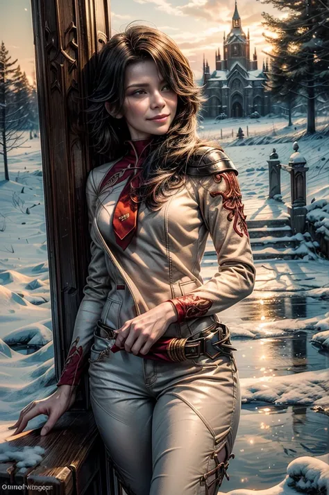 (masterpiece, best quality:1.2), cowboy shot, solo, 1girl, cinder fall, evil smile,holding flames, looking at viewer, long hair, white suit, red shirt, tie, standing outside huge gothic building, snow, trees, (volumetric lighting), sharp focus, hyper detai...