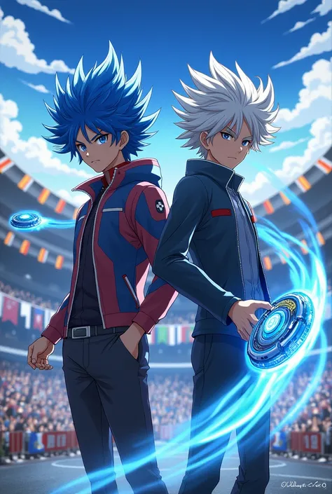 Beyblade valt aoi x shu kurenai valt tem cabelo azul e shu tem cabelo branco o Beyblade de valt e o turbo valtryek e do shu o spryzen 