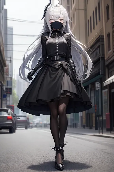 ((best quality)), ((masterpiece)), (detailed), 1 girl, Full body, 18 years old, Depressed face, Silver eyes, Arms behind waist, Eyes covered, Blushing, Silver hair, long hair, ahoge, Bangs, strand of hair covering her right eye, mask, Full body, very tall,...