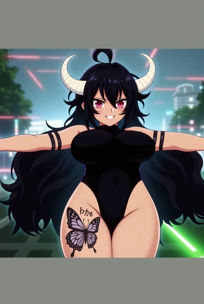 Anime mommy with black hair Tied up and messy in the front and white horns and sexy bodysuit, with red eyes And a naughty face Also put big butterfly tattoo On one thigh and Japanese letters on the other thigh