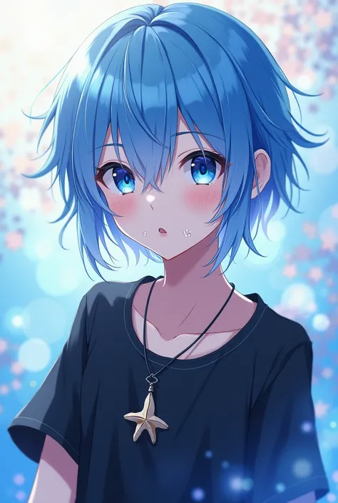 Effeminate boy with blue hair and white highlights, black bruncos, scars on the mouth, starfish necklace, anime style bluish white skin 4k 
